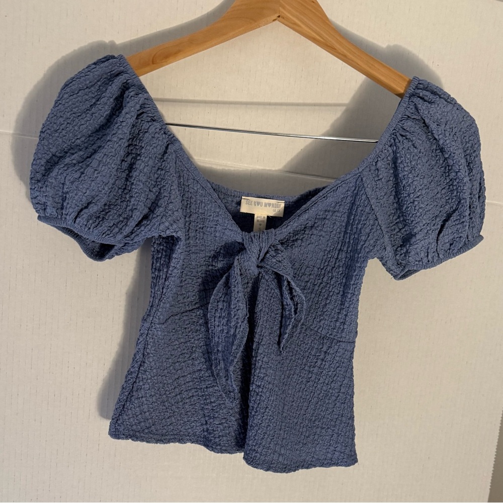 Blue Puff-Sleeve Tie-Front Top